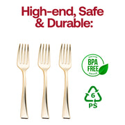 BPA-free shiny metallic gold mini plastic tasting forks, 4 inches, food-safe and perfect for upscale events, pack of 600.