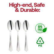 BPA-free shiny metallic groove silver plastic spoons, 6.25 inches, food-safe and disposable, ideal for parties and catering