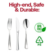 BPA-free shiny metallic silver plastic cutlery set, safe for 120 guests, featuring durable forks, knives, and spoons