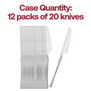 BPA-free shiny silver Moderno disposable dinner knives, 8.8 inches, food-safe and eco-conscious, available in a case of 300.