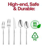 BPA-free shiny silver Moderno disposable plastic cutlery set safe for dining