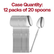 BPA-free shiny silver Moderno plastic dessert spoons, 7 inches, safe for food use, disposable, and ideal for parties and catering.