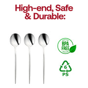 BPA-free shiny silver Moderno plastic dessert spoons, 7 inches, safe for food use, disposable, and ideal for parties and catering