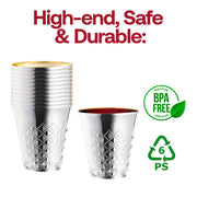 BPA-free shiny silver plastic Kiddush cups with a metallic aluminum look, 5 oz capacity, sold in a 300-pack