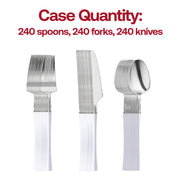 BPA-free silver Moderno disposable plastic cutlery set with stylish white handles, designed for durability and convenience; 240-piece case.