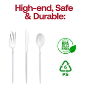 BPA-free silver Moderno disposable plastic cutlery set with stylish white handles, durable and convenient; case of 240