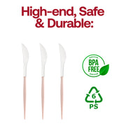 BPA-free silver and pink Moderno plastic dinner knives, 8 inches long, durable, disposable, and ideal for catering or events; pack of 240