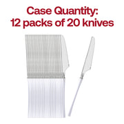 BPA-free silver disposable plastic dinner knives with sleek white handles, safe and stylish for elegant gatherings.