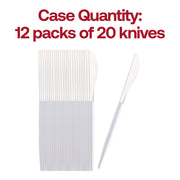 BPA-free silver disposable plastic dinner knives with sleek white handles, safe and stylish for elegant gatherings