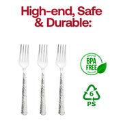 BPA-free silver hammered plastic forks, 7-inch, bulk 1000-pack – Safe, non-toxic, and stylish forks with a unique textured grip and metallic sheen.