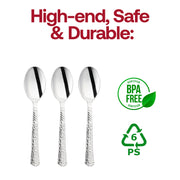 BPA-free silver hammered plastic spoons, 6.75-inch, bulk 1000-pack – Safe, non-toxic, and stylish spoons with a unique textured grip and metallic sheen.