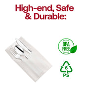 BPA-free silver plastic cutlery set with a white pocket napkin, safe for food use and perfect for upscale dining, serves 70 guests.