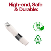 BPA-free silver plastic cutlery set with forks, knives, and spoons in white napkin rolls