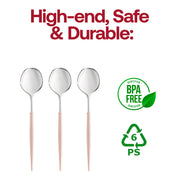 BPA-free silver plastic dinner spoons with pink handles, 8 inches, safe and durable for dining at any event