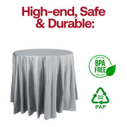 BPA-free silver round plastic tablecloths, disposable and food-safe, 84-inch size, available in a pack of 96.