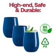BPA-free solid navy plastic stemless wine glasses, 12 oz, safe and stylish for elegant gatherings and events