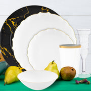 BPA-free wedding dinnerware set offering style and convenience with gold and ivory details.