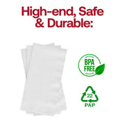 BPA-free white dinner napkin made of soft, food-safe paper, unfolded to 16 x 16 inches, from a 600-count pack.