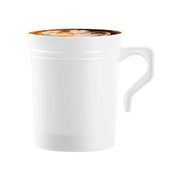 BPA-free white plastic coffee mugs, 8 oz, featuring a silver rim, safe and durable for hot beverages