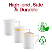 BPA-free white plastic coffee mugs with a gold edge rim, 8 oz capacity, stylish and safe for hot beverages, pack of 120