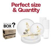 BPA-free white plastic dinner plate with gold floral rim, high-end, safe and durable with a clear tumbler