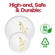 BPA-free white plastic plates with intricate gold floral detail arranged for plated entrée and dessert