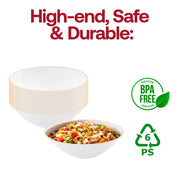 BPA-free white round dessert bowls with a gold rim, 6 oz capacity