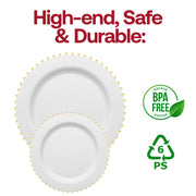 BPA-free white round dinner plates with a shiny gold pearl string rim, 10-inch diameter, durable and disposable