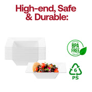BPA-free white square plastic soup bowls, 12 oz capacity, safe and convenient for serving hot or cold dishes at any event