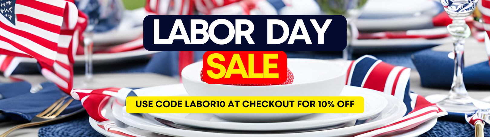 Labor Day sale banner with American flags and dining setup