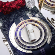 Beautiful table display featuring the White with Blue and Silver Royal Rim Plastic Wedding Set for royal-themed events