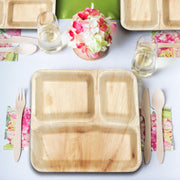 Beautiful table setting featuring square palm leaf eco-friendly plates with 3 partitions, perfect for sustainable dining occasions