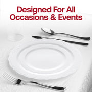 Beautiful wedding reception scene with the White with Silver Vintage Rim Round Disposable Plastic Wedding Value Set enhancing the décor with elegance