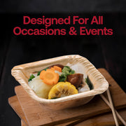 Biodegradable square palm leaf disposable bowls, 2.8" x 2.8", 1.5 oz., natural and sustainable for eco-conscious events