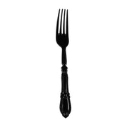 A Black Baroque Disposable Plastic Dinner Fork with intricate designs on the handle, displayed against a plain white background. The fork has four tines and a glossy finish, evoking the elegance of ornate black baroque cutlery.