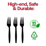 Three Black Plastic Disposable Forks are displayed vertically side by side. Above them, text reads "High-end, Safe & Durable," accompanied by BPA Free and recycling symbols beneath, signifying that they are crafted from durable high-quality plastic number 6 (PS).