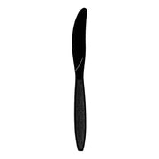 A black silhouette of a Black Plastic Disposable Knife with a slightly curved blade and a straight handle on a white background, resembling BPA-free disposable cutlery.