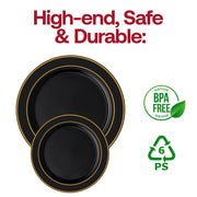 Black with Gold Edge Rim Plastic Appetizer/Salad Plates (7.5") BPA | Smarty Had A Party