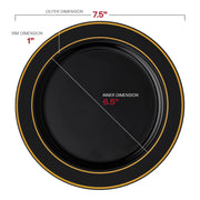 Black with Gold Edge Rim Plastic Appetizer/Salad Plates (7.5") Dimension | Smarty Had A Party