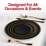 Black with Gold Edge Rim Plastic Appetizer/Salad Plates (7.5") Lifestyle | Smarty Had A Party