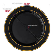 10.25" Black with Gold Edge Rim Plastic Dinner Plates Top View | Smarty Had A Party