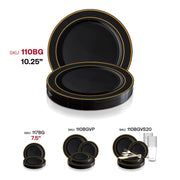 Black with Gold Edge Rim Plastic Dinner Plates (10.25") SKU | Smarty Had A Party