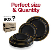 Black with Gold Edge Rim Plastic Dinnerware Value Set Quantity | Smarty Had A Party