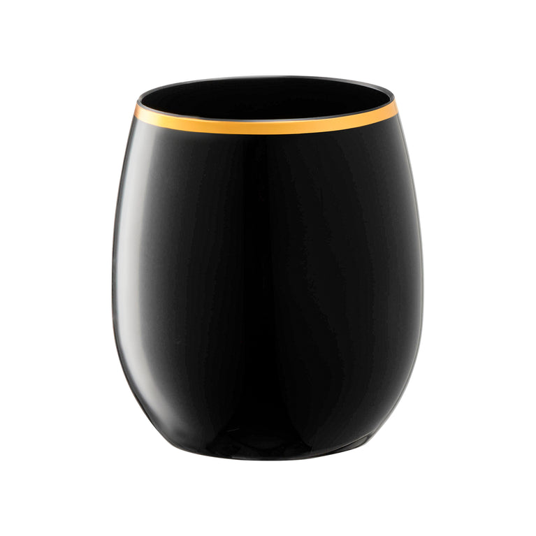 [25pcs] 12oz Fancy Plastic Black Wine Glasses Unbreakable with Gold Rim