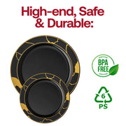 Black with Gold Marble Disposable Plastic Appetizer/Salad Plates (7.5") BPA | Smarty Had A Party