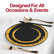 Black with Gold Moonlight Round Disposable Plastic Appetizer/Salad Plates (7.5") Lifestyle | Smarty Had A Party