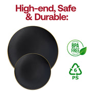 Black with Gold Rim Organic Round Disposable Plastic Appetizer/Salad Plates (7.5") BPA | Smarty Had A Party
