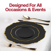 Black with Gold Rim Round Blossom Disposable Plastic Appetizer/Salad Plates (7.5") Lifestyle | Smarty Had A Party