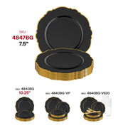 Black with Gold Rim Round Blossom Disposable Plastic Appetizer/Salad Plates (7.5") SKU | Smarty Had A Party