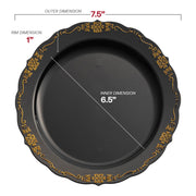 Black with Gold Vintage Rim Round Disposable Plastic Appetizer/Salad Plates (7.5") Dimension | Smarty Had A Party